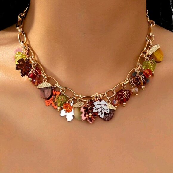 Jewelry - Fall Multi Gold Charms Necklace Maple Leaf Chestnut with Autumn accents